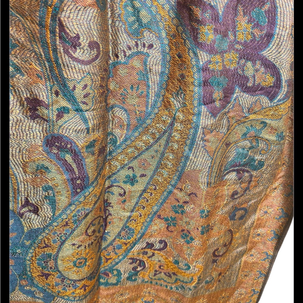 Blue Orange Purple 100% Cashmere Paisley Scarf W Tassel Detail - Picture 3 of 4
